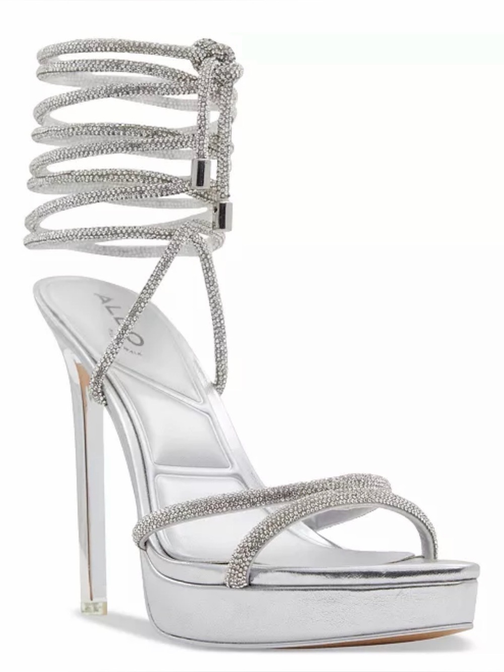 New ALDO Izabella Ghillie Ankle-Tie Dress Platform Heels Silver Stiletto Sandal